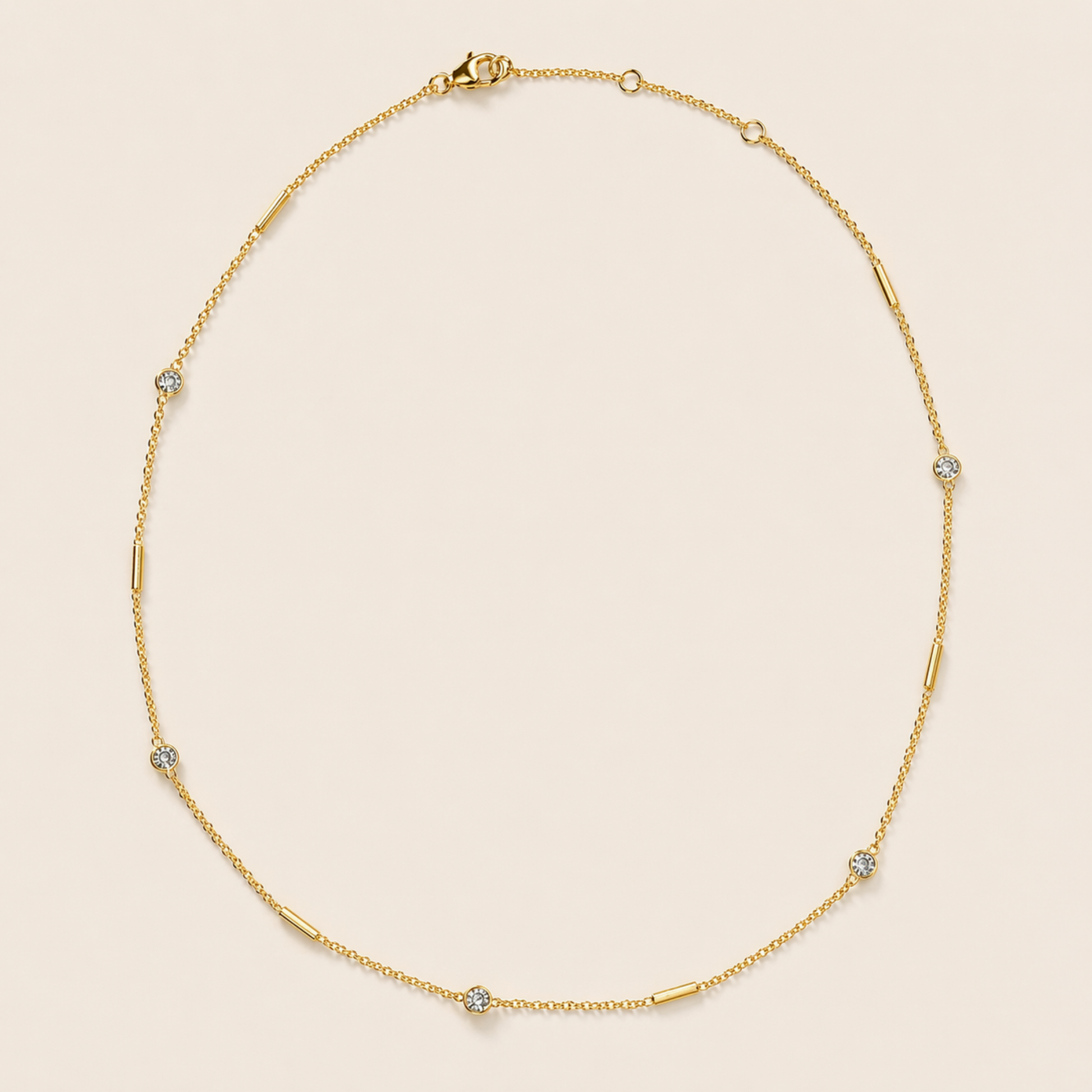 A full studio shot of the Fresh Glow Necklace on a neutral background, displaying the linear stone and bar design with the adjustable lobster clasp closure.