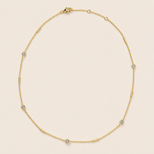 A full studio shot of the Fresh Glow Necklace on a neutral background, displaying the linear stone and bar design with the adjustable lobster clasp closure.