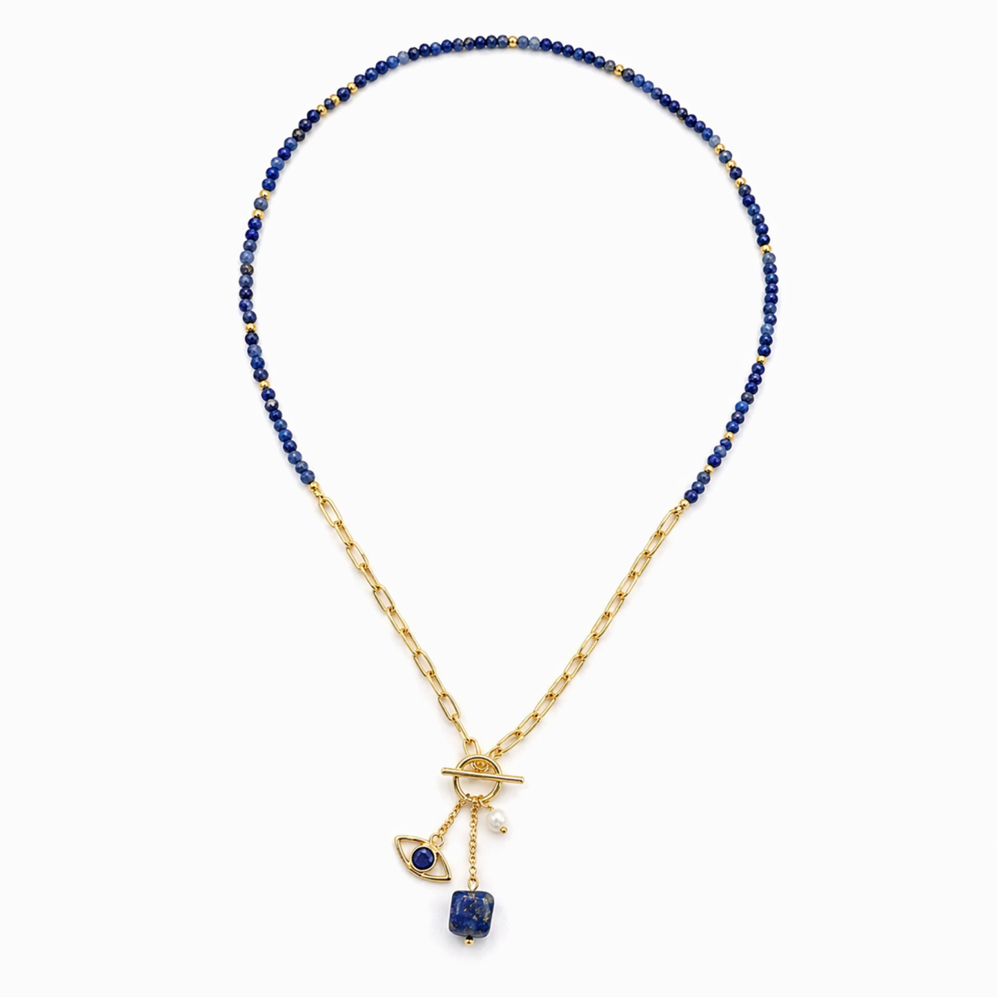 Full studio shot of the Meaningful Charm Necklace on a white background, displaying the half-beaded lapis lazuli strand and half-gold paperclip chain design.