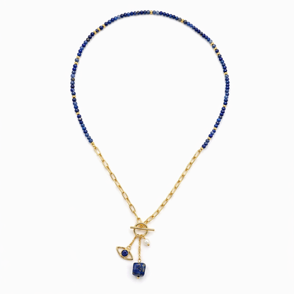Full studio shot of the Meaningful Charm Necklace on a white background, displaying the half-beaded lapis lazuli strand and half-gold paperclip chain design.