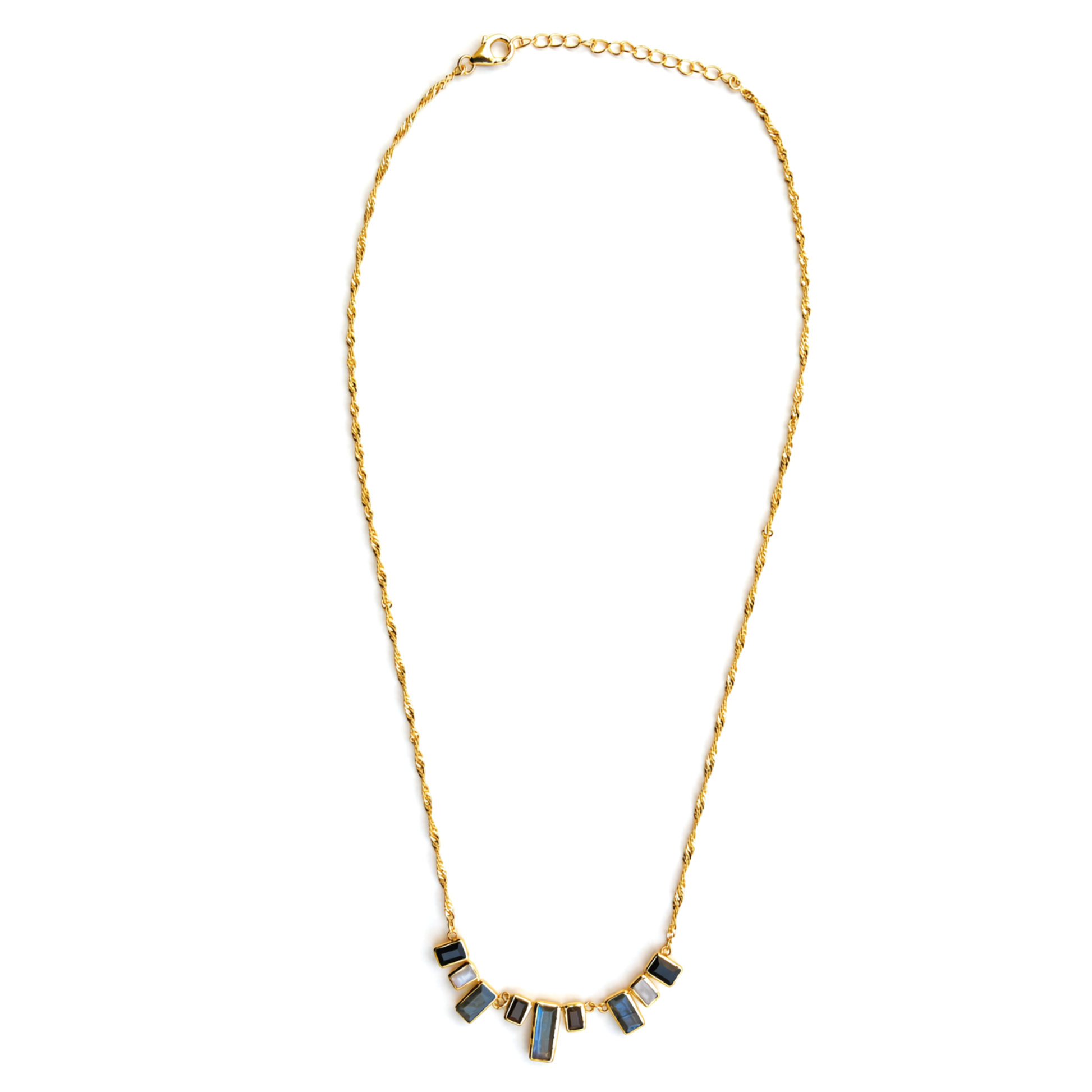 Full studio shot of the A Story of Stones necklace on a white background, featuring the alternating gemstone link design and the adjustable 18kt gold plated 925 sterling silver chain.