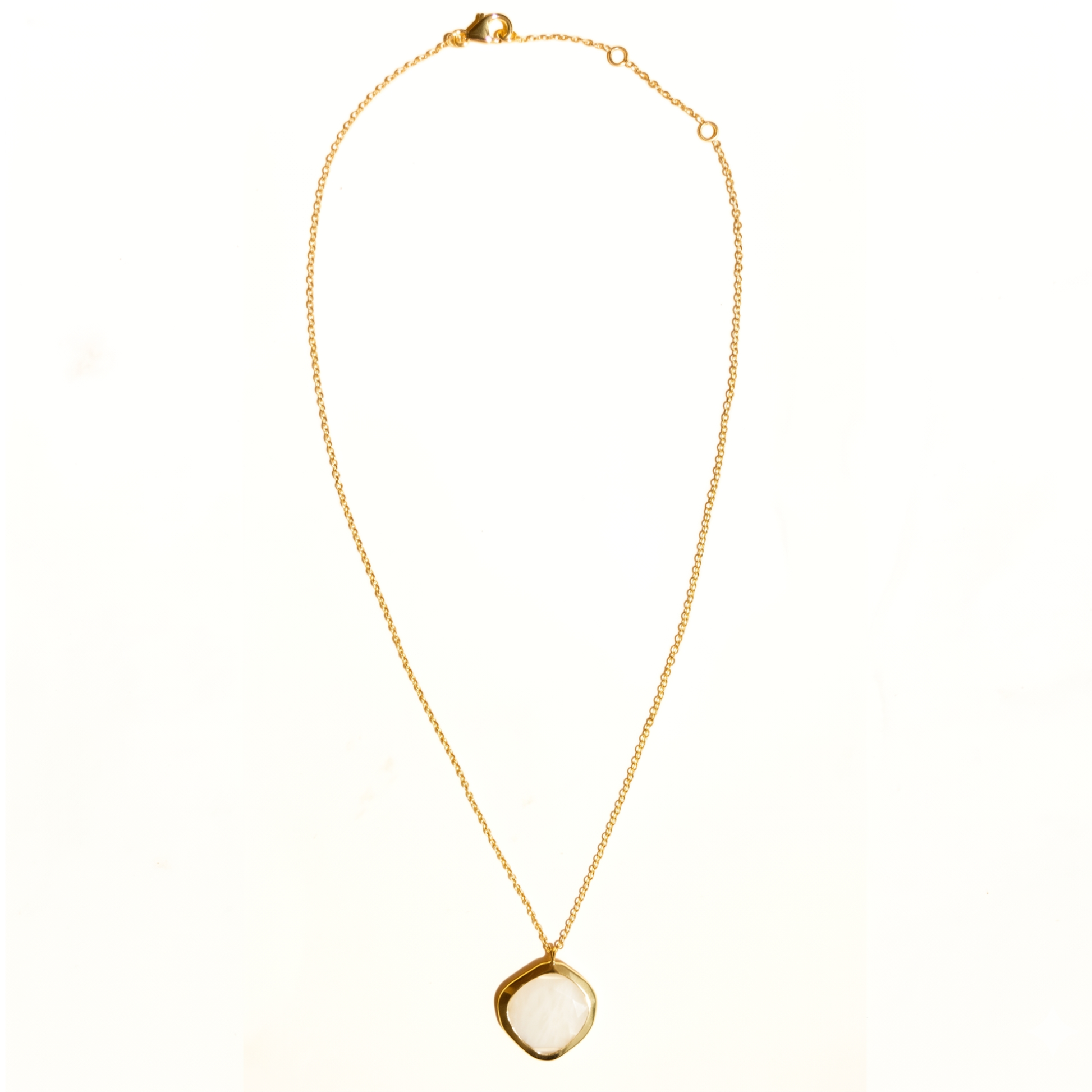 Full studio shot of the Earthy Glow necklace on a white background, showcasing the organic square pendant and the adjustable 18kt gold plated 925 sterling silver chain.
