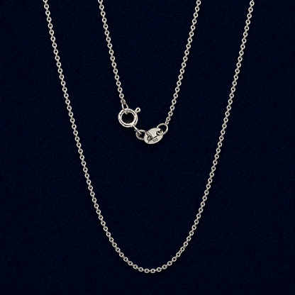 A full view of the handcrafted 925 sterling silver Modern Minimal Simplicity necklace, featuring a slightly bolder link chain and a distinctive hoop lock detail against a dark navy background.