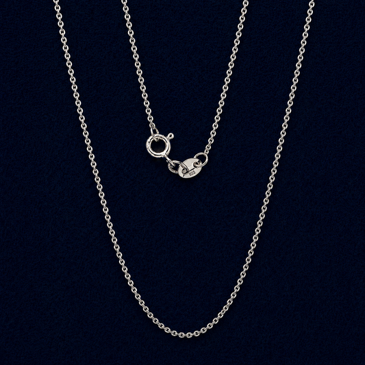 A full view of the handcrafted 925 sterling silver Modern Minimal Simplicity necklace, featuring a slightly bolder link chain and a distinctive hoop lock detail against a dark navy background.