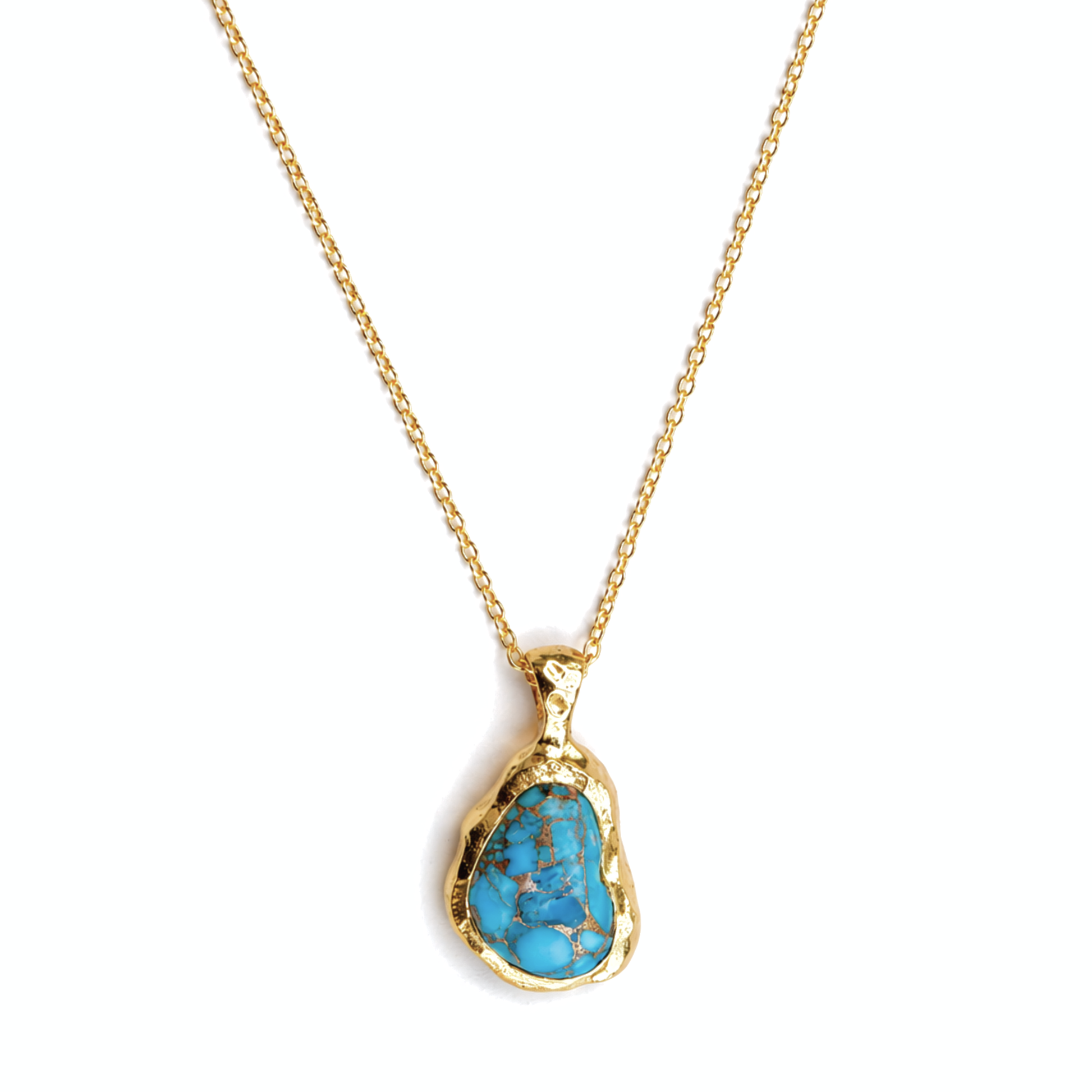 Close-up of the Earthy Charm pendant highlighting the vibrant blue and copper matrix of the irregular oval turquoise stone set in a polished 18kt gold plated frame.