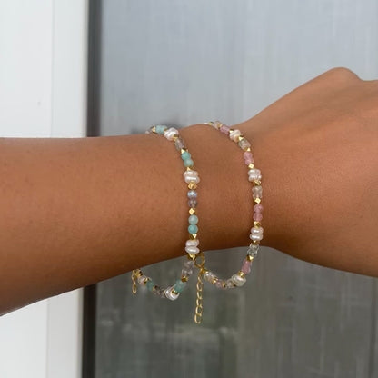 Pastel glow bracelet with rose quartz, pearl, and aqua beads in 925 silver