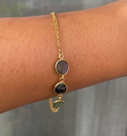 Labradorite, Moss Agate & Green Aventurine Double Chain Bracelet – 925 Silver, Gold Plated