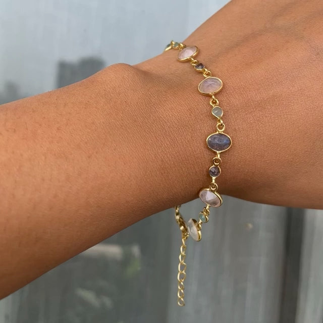 Adjustable pastel-hued silver bracelet with natural faceted gemstones