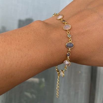 Adjustable pastel-hued silver bracelet with natural faceted gemstones