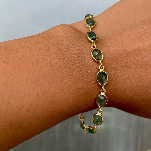 Moss agate bracelet in 925 silver with open bezel chain design