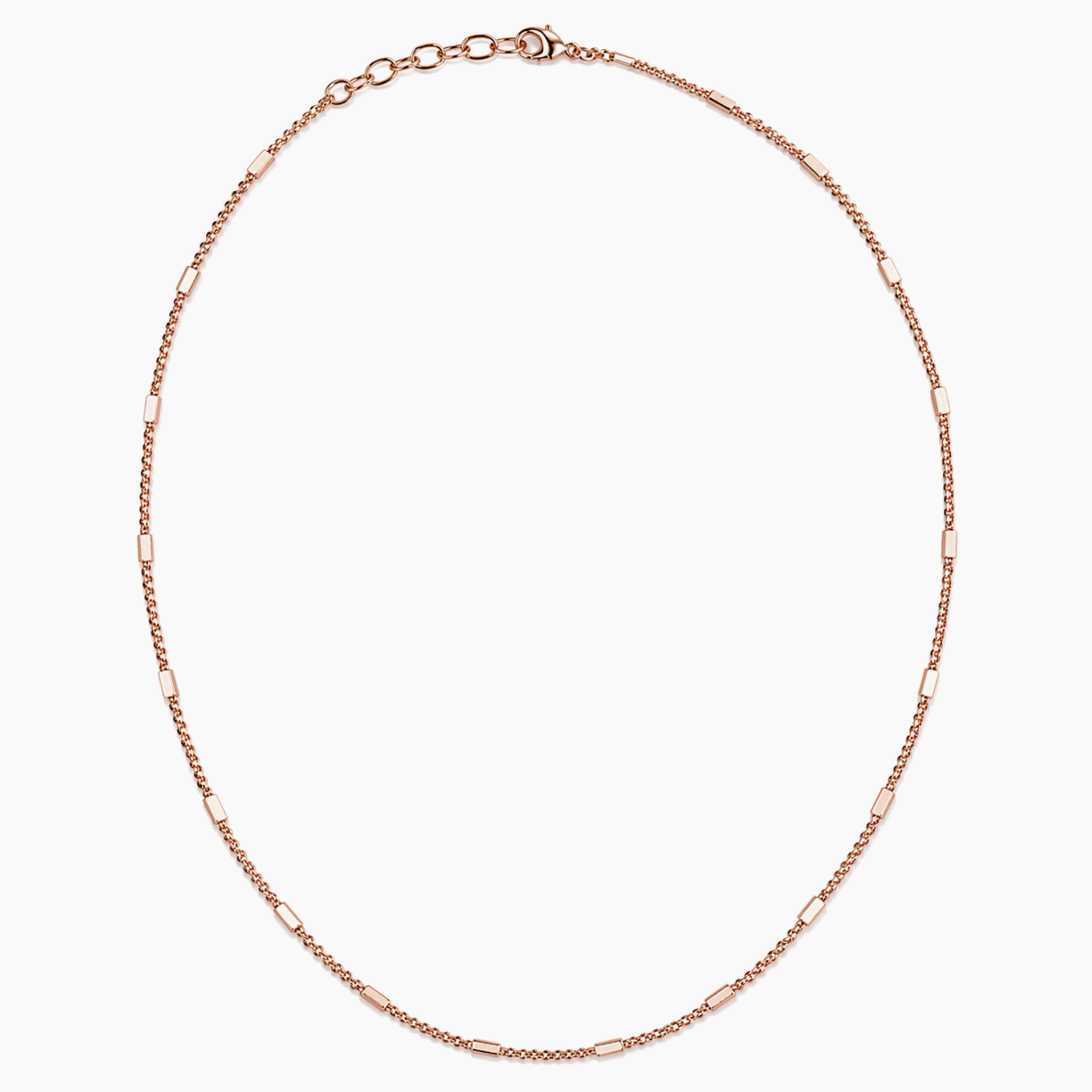 Full studio shot of the Blush Sleek Elegance Layering Necklace on a white background, showcasing the clean silhouette and structured rectangular links of the rose gold plated design.