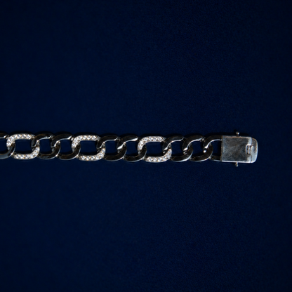 Close-up of the Effortless Edge bracelet focusing on the substantial box clasp and the intricate clear CZ stone settings on the thick sterling silver links.