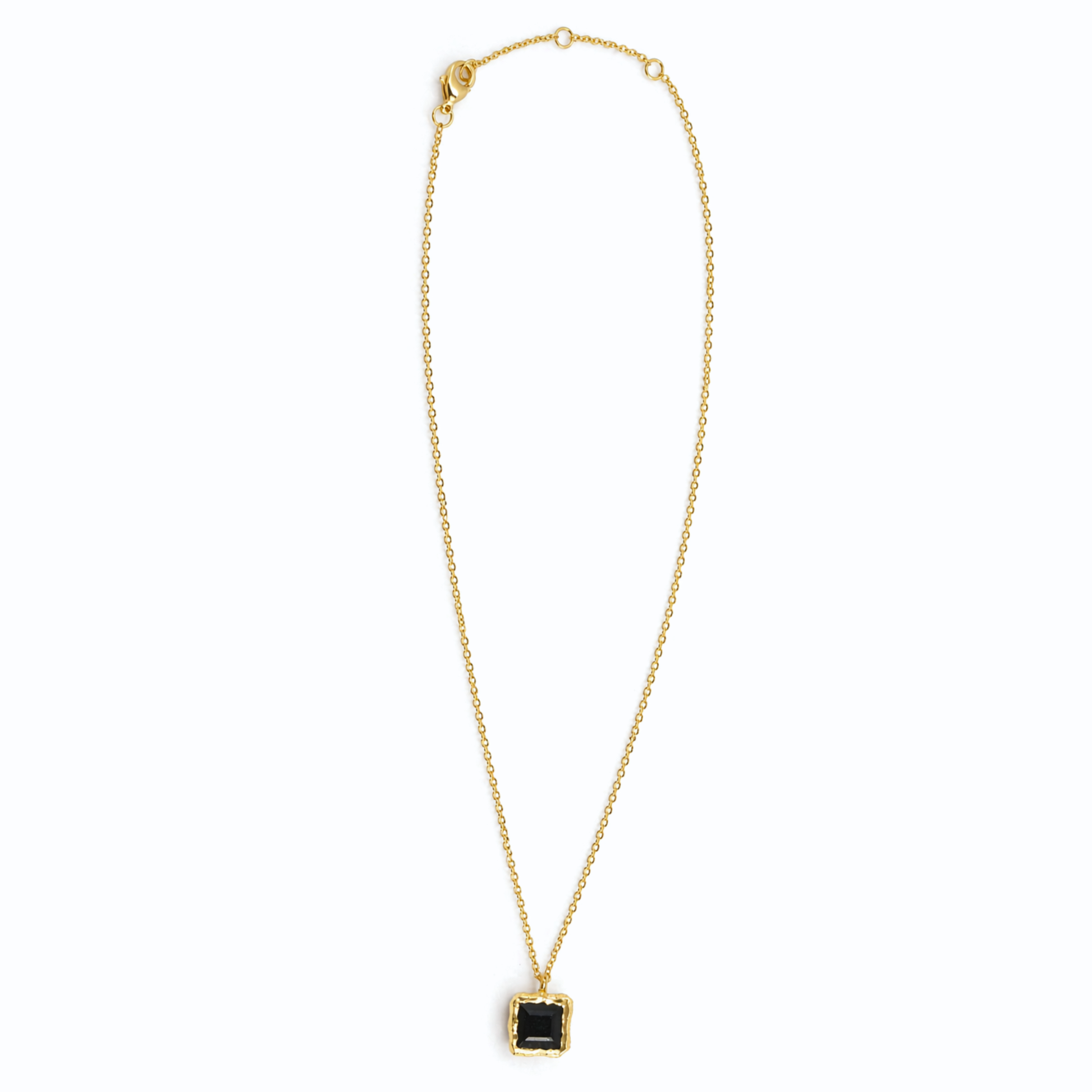Full studio shot of the Bold Simplicity necklace on a white background, featuring a geometric square black onyx stone and a polished 18kt gold plated 925 sterling silver chain.