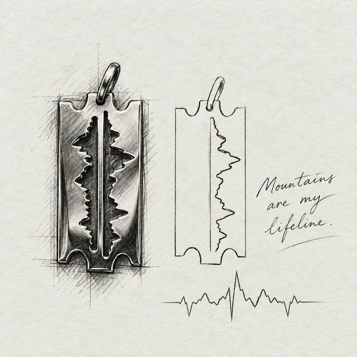 Design sketch of the Mountains Are My Lifeline pendant, showing the razor-blade outline and mountain heartbeat line