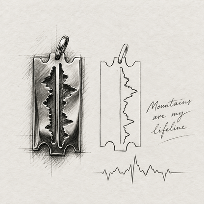 Design sketch of the Mountains Are My Lifeline pendant, showing the razor-blade outline and mountain heartbeat line