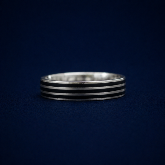 Frontal studio view of the Midnight Trio Ring, displaying the subtly bold triple black enamel line finish on a versatile, lightweight sterling silver band.