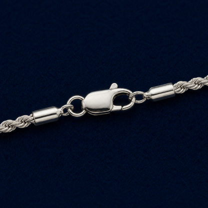 A detailed close-up of the Easy Everyday Elegance necklace highlighting the intricate twisted rope texture of the sterling silver chain and its secure lobster clasp closure.