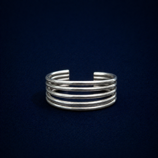 Frontal view of A Little Statement Ring showcasing the parallel multi-wire structure and polished finish of the wide sterling silver band.